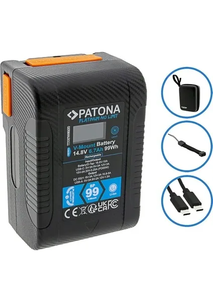 Patona Platinum BP-99W 99WH V-Mount Kamera Bataryası | PD65W Usb-C Şarj, Usb-A, 2x D-Tap Çıkışlı, Hardcase Dahil