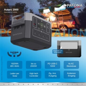 PATONA Platinum Powerstation Autarc 2000 | 1920Wh Taşınabilir Güç Kaynağı | 2000W LiFePO4 | PD100W USB-C, DC12V/10A, USB 5V/3A Çıkışlı Powerstation