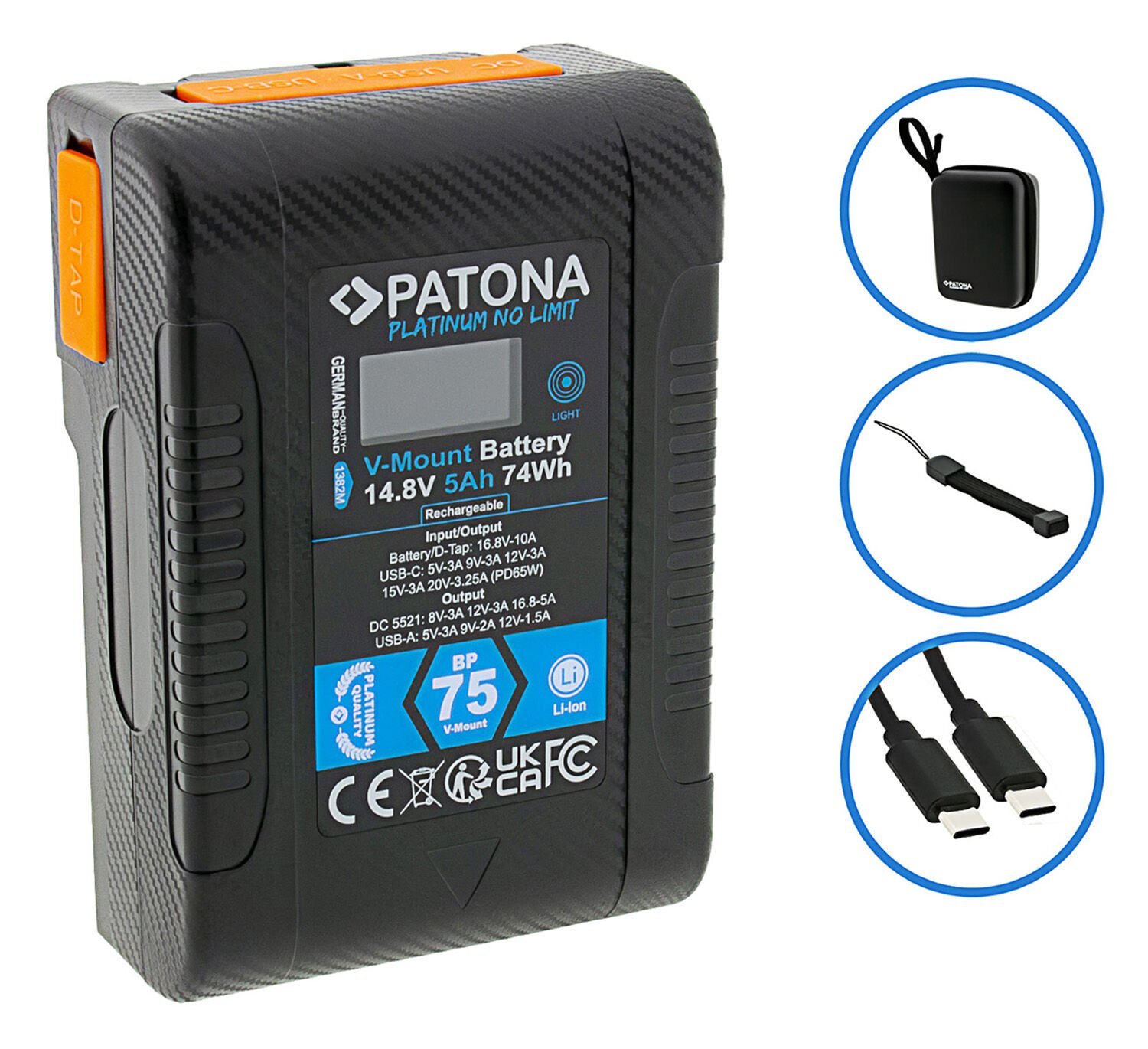PATONA V-Mount Profesyonel Kamera Bataryası 74Wh | USB-C, USB-A, D-Tap, Hardcase