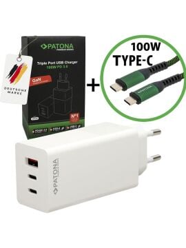 PATONA 2647 GaN 100W Hızlı Şarj Aleti + 1733 100W USB-C to USB-C Kablo Seti | PD3.0 QC3.0, 2x USB-C + 1x USB-A