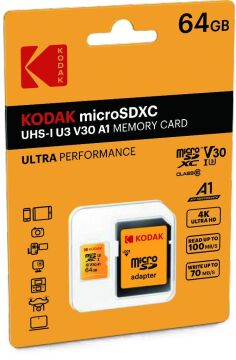 Kodak 64GB Micro SD UHS-I U3/V30/A1 Yellow Kart + Adaptör