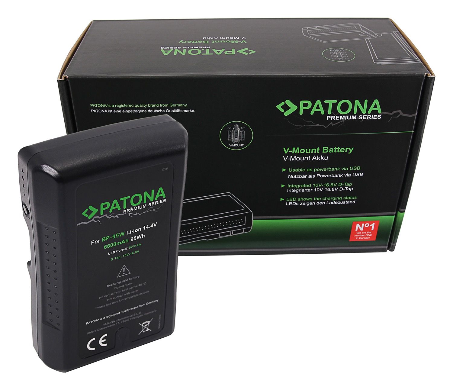 Patona Premium Battery V-Mount f. Sony BP-95W, 6600mAh, 14.4V, USB-Output 5V/