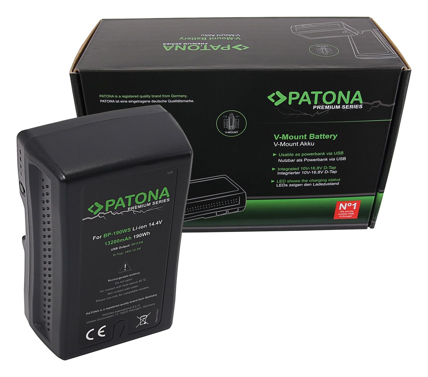 Premium Battery V-Mount f. Sony BP-190WS, 13200mAh, 14.4V, USB-Output
