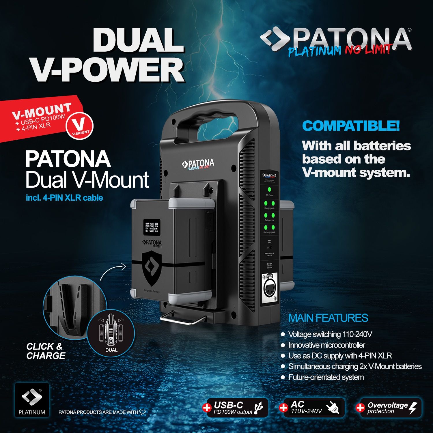 Patona Platinum V-Mount Charger f. 2pcs battery 16.8V 6A*2 / PD100W USB-C