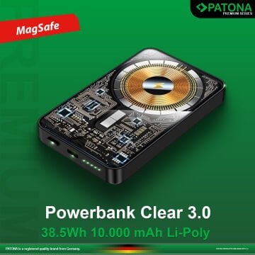 Patona Clear 3.0 Powerbank – 10.000mAh, PD20W, Magsafe Kablosuz Hızlı Şarj